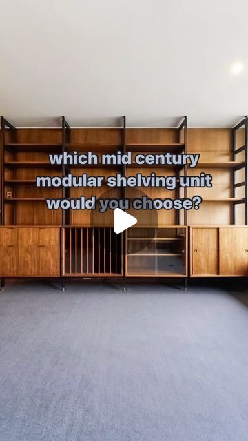 Julien Griffith on Instagram: "mid century wall units 🔩  Mid-century wall units, popular from the 1940s to the 1960s, are modular storage systems often made of wood with clean lines and minimalist design. They typically feature open shelving, cabinets, and drawers, combining functionality with aesthetics. These units are versatile, fitting well in various spaces, and are celebrated for their sleek, modern look that complements contemporary and retro interiors.  which is your favorite?  #wallunits #shelvingsystem #shelvingunit #wallunits #modular #modulararchitecture #modulardesign #hermanmiller #poulcadovius #kaikristiansen #charlotteperriand #midcenturydesign #midcenturyfurniture #midcenturymodern #midcenturydecor #midcenturymodernhome #which #whichone #whichwouldyouchoose" Built In Mid Century Shelves, Mid Century Shelving Wall, Mid Century Wall Shelves, Mid Century Shelves, Mid Century Shelving, Mid Century Wall Unit, Modular Shelving System, Floor To Ceiling Cabinets, Mid Century Flooring