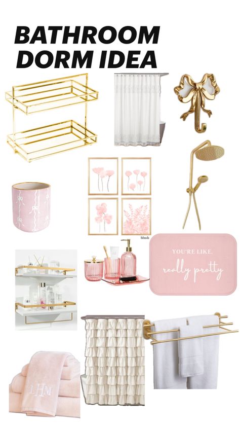 Pink And Gold Bathroom Decor Ideas, Pink Dorm Bathroom Ideas, Bathroom Decor Pink And Gold, Dorm Room Ideas Bathroom, College Apartment Inspo Bathroom, Pink And Gold Bathroom Decor, Gold And White Bathroom Ideas, Pink Dorm Bathroom, College Bathroom Aesthetic