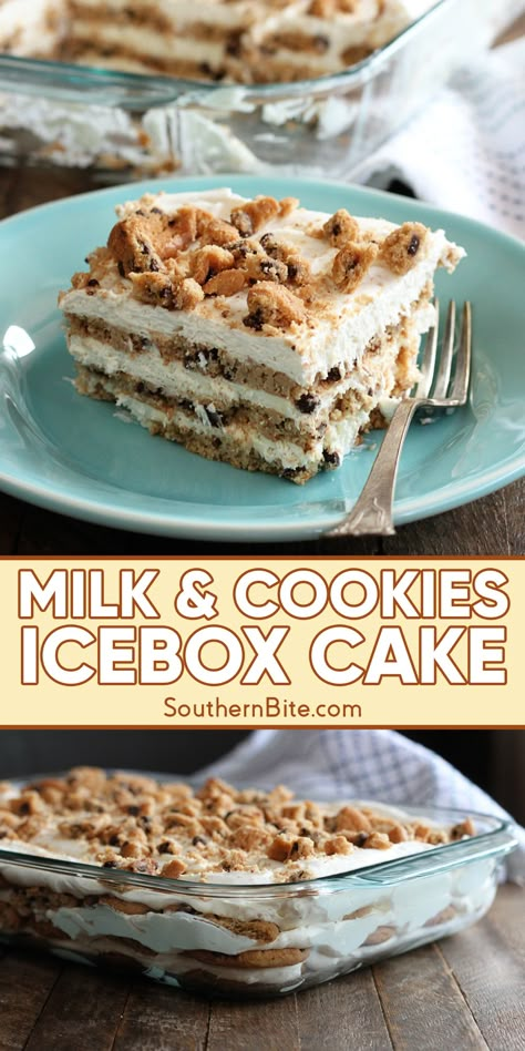 Milk and Cookies Icebox Cake Pub Desserts, Chocolate Chip Desserts, Ice Box Desserts, Icebox Pies, Lush Recipes, Icebox Desserts, Desserts With Chocolate Chips, Ice Box Cake, Picnic Potluck