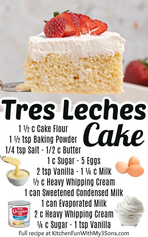 Tres Leches Cake Recipe Authentic, Mexican Dessert Recipes Easy, Homemade Vanilla Frosting, Yummy Dessert Recipes, Tres Leches Cake Recipe, Boricua Recipes, Mexican Dessert Recipes, Tres Leches Cake, Yummy Dessert