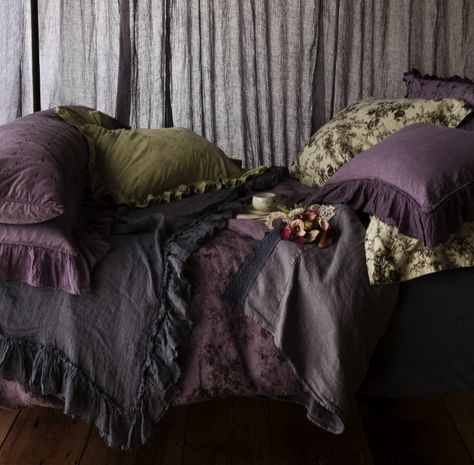 Bella Notte Linens 2008 Photo Shoot Bella Notte Linens, Purple Bedding, Bed Scarf, Shabby Chic Bedding, Deco Boheme, Purple And Green, Beautiful Bedding, Dream Bedroom, Bedroom Inspo