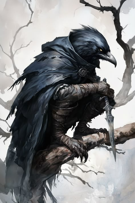 Myrthos Vexraven stands out with his feathered cloak, composed of iridescent black plumes that shimmer with hints of midnight blue and deep violet. His beady obsidian eyes peer from beneath a hood lined with downy silver. Slender hands are wrapped in leather gloves, ending in sharp talons. A silver dagger, encrusted with tiny onyx stones, perches at his belt, matching his sleek, ebony plumage. Aarakocra Warlock, Raven Monster, Feathered Cloak, Raven Warrior, Character Showcase, Slender Hands, Rogue Dnd, Dragon Hunter, Shadow Monster