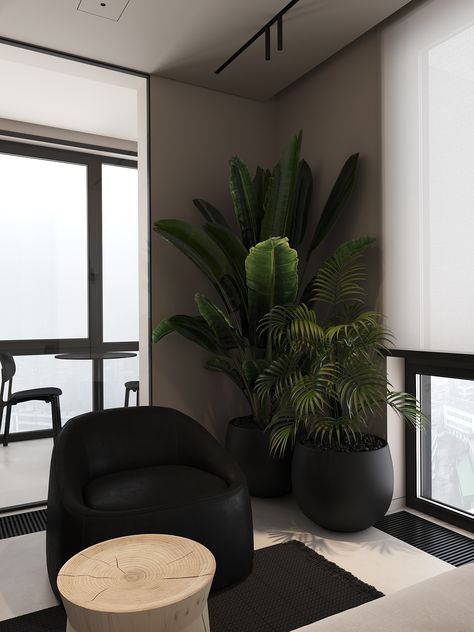 DS9N on Behance Aesthetic Studio Decor, Dark Room With Plants, Plants In Apartment Aesthetic, Plants In Bedroom Ideas, Black Living Room Aesthetic, Black Home Interior Design, Planta Interior, Bedroom Wall Decor Ideas, Black Living Room Decor