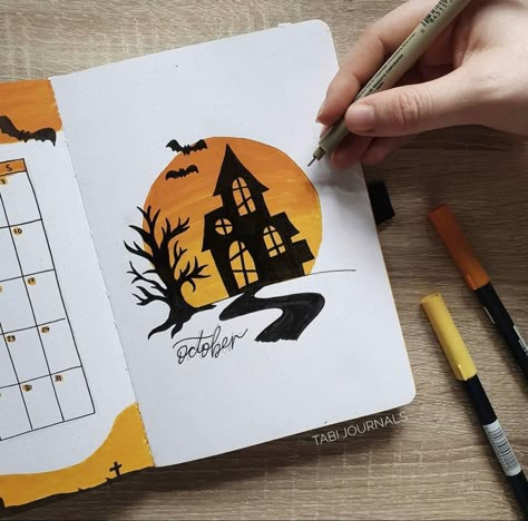 Halloween Bujo Cover, October Journal Cover, October Bujo Theme, Halloween Doodles Aesthetic, Halloween Bujo, October Bullet Journal Cover, Halloween Bullet Journal, Bullet Journal Halloween, October Bujo