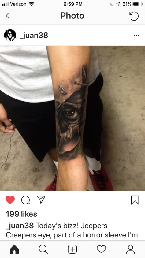 Jason Hand Tattoo, Jeepers Creepers Tattoo Design, Jeepers Creepers Tattoo, Horror Leg Sleeve Tattoo, Horror Villains, Movie Tattoos, Jeepers Creepers, Foot Tattoos For Women, Tattoo Desings