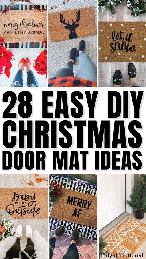 28 Easy DIY Christmas Door Mat Ideas Christmas Front Door Mats, Personalized Rugs Doormats, Doormat Christmas Diy, Christmas Outdoor Rug Ideas, Grinch Door Mat Diy, How To Wrap A Door Mat As A Gift, Diy Christmas Rug Painting, Cricut Christmas Door Mat, Diy Christmas Doormat Ideas