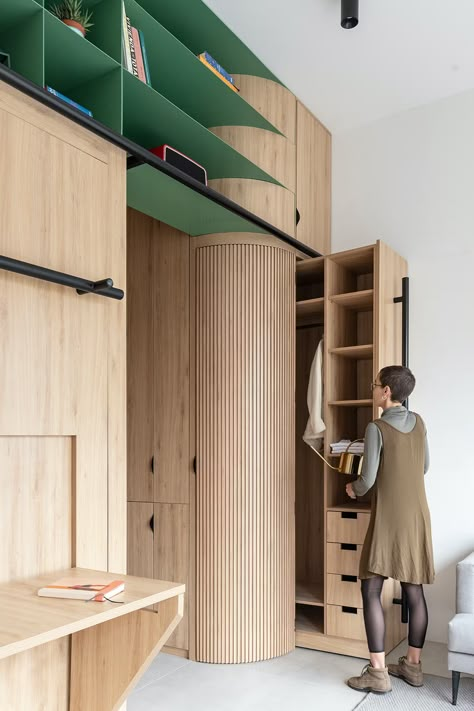 Office Cabinet Design, Fold Down Beds, Hidden Closet, Hang Clothes, Micro Apartment, Small Studio Apartment, Multifunctional Furniture, Office Cabinets, Space Saving Furniture