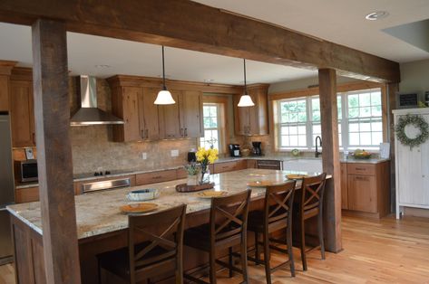 Rustic Modern Farmhouse Kitchen - Rustic - Kitchen - Cleveland - by Studio 76 Kitchens and Baths Modern Farmhouse Kitchen Decor Ideas, Kitchen Columns, Farmhouse Kitchen Decor Ideas, Open Concept Kitchen Living Room, Modern Farmhouse Kitchen Decor, Swan House, Rustic Kitchen Cabinets, Rustic Modern Farmhouse, Support Beams