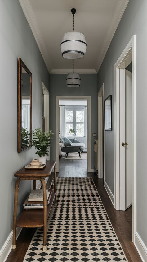 Creative Ideas for Decorating Narrow Hallways: Paint, Furniture, and Decor Tips Flat Corridor Ideas, Craftsman Hallway Ideas, Decorate Hallway Walls Narrow, Light And Airy Hallway, Downstairs Landing Ideas, Bedroom Hallway Decorating Ideas, Long Narrow Hallway Ideas Farmhouse, Cool Hallways Interior Design, Small Hallway Molding Ideas