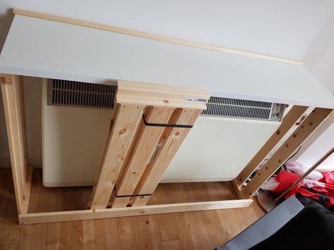 Simple radiator shelf and cover for less than £30 Bed In Front Of Radiator, Storage Heater Cover Ideas, Diy Radiator Shelf, Radiator Shelf Ideas, Radiator Cover Ideas Ikea, Hide Radiator Ideas, Radiator Covers Ikea, Heater Cover Diy, Radiator Cover Ideas