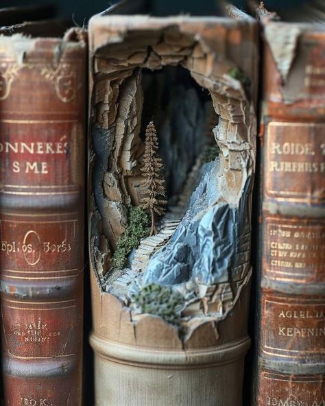 Book Diorama Ideas, Fairy Diaroma, Books Are Magic, Book Art Sculptures, Halloween Shadow Box, Creative Book Covers, Bookshelf Art, Turn The Page, Bookcase Decor