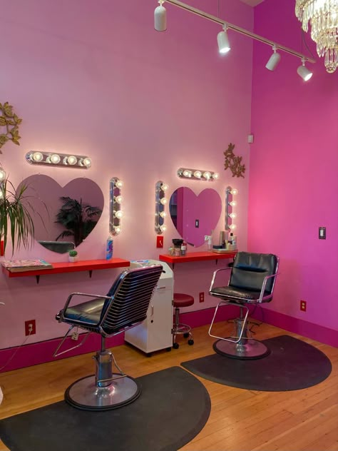 Hair Salons Aesthetic, 1950s Beauty Salon, Hot Pink Salon Aesthetic, Hair Salon Ideas Pink, Pink Salon Chair, Pink Cosmetology Aesthetic, Dream Hair Salon, Pink Hair Salon Aesthetic, Pink Barbershop