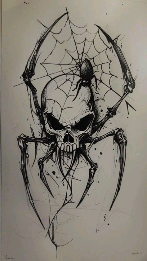 Skull Sleeve Tattoos, Web Tattoo, Evil Tattoos, Scary Tattoos, Skull Art Drawing, Creepy Tattoos, Skulls Drawing, Tattoo Style Drawings, Dark Art Tattoo