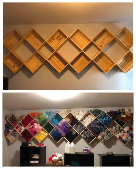 Yarn Storage Wall Organization Ideas, Crochet Craft Room Organization, Yarn Wall Organization, Organizing Crochet Supplies, Crochet Room Ideas Craft Storage, Yarn Wall Hanging Storage, Crochet Closet Organizer, Wall Yarn Storage, Yarn Storage Ideas Organizing