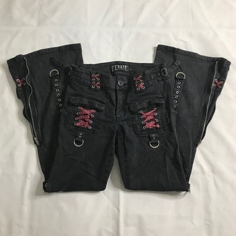 black flared jeans with silver hardware and plaid lace up corset detailing layed out on white sheet Diy Flared Pants, Diy Lace Up Jeans, Y2k Lace Up Jeans, Lace Up Jeans 2000s, Y2k Outfits Pants, Bootcut Jeans Outfit Goth, Alternative Jeans, Diy Flare Jeans, Lace Up Flare Pants