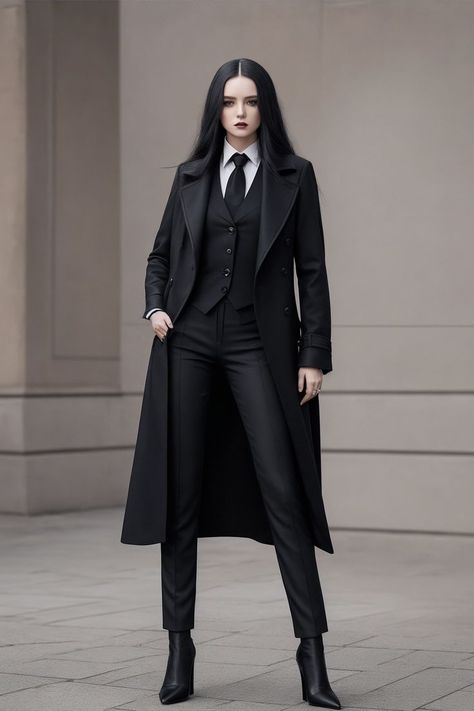 Elegant outfit comprised of sleek black pants, a crisp white blouse, a well-fitted vest, a warm wool coat, a black tie, and pointed-toe boots. Whether you're heading to the office or a formal event, this outfit expresses sophistication and elegance. Formal Vest Outfits For Women, Women In Suits Aesthetic, Black Suit Outfit, Black Suit For Women, Gothic Suit, Black Coat Outfit, Office Goth, Black Suit Vest, Ladies Trouser Suits