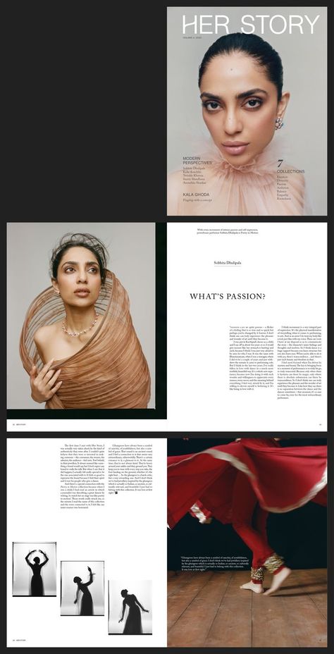 Her Story magazine layout Jewellery Brochure, Editorial Layout Design, Coffee Table Book Layout, Typography Book Layout, Fashion Lookbook Design, Catalog Design Inspiration, Editorial Design Magazine, Story Jewelry, Book Editorial Design