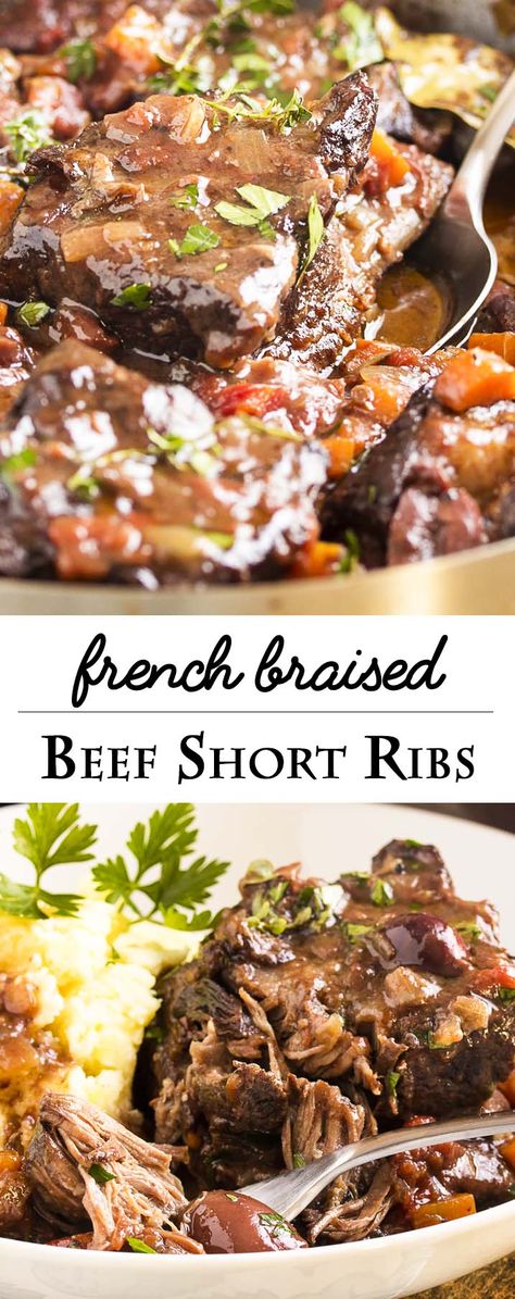 French Short Ribs Braised in Red Wine - Just a Little Bit of Bacon Beef Christmas Dinner, Ribs For Dinner, Braised Beef Short Ribs, French Food Recipes, Ribs In Oven, Healthy Winter Meals, Beef Food Recipes, How To Cook Ribs, Short Ribs Recipe