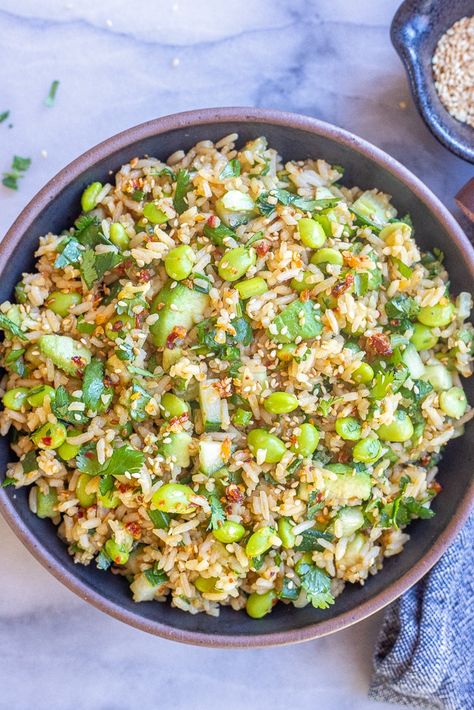 Cucumber Edamame Rice Salad Rice With Edamame, Cucumber Rice Salad, Sushi Rice Salad Recipe, Edamame Rice Bowl, Cold Rice Bowls, Crispy Rice Cucumber Salad, Recipes With Edamame, Asian Rice Salad, Healthy Rice Salad