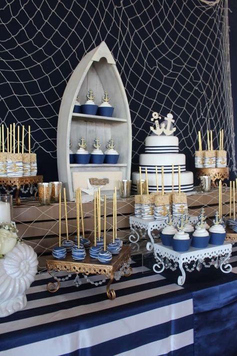 Nautical Wedding Party Ideas | Photo 11 of 13 | Catch My Party Nautical Bridal Showers, Nautical Birthday Party, Decoration Birthday Party, Boy Baby Shower Ideas, Nautical Themed Party, Nautical Wedding Theme, Crab Boil, Nautical Birthday, Nautical Party