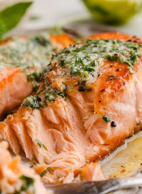 Pan Seared Salmon - Chefjar Salmon Recipes Pan Seared, Pan Fried Salmon, Lime Salmon, Fried Salmon, Pan Seared Salmon, Salmon Dinner, Seared Salmon, Herb Butter, Lime Zest