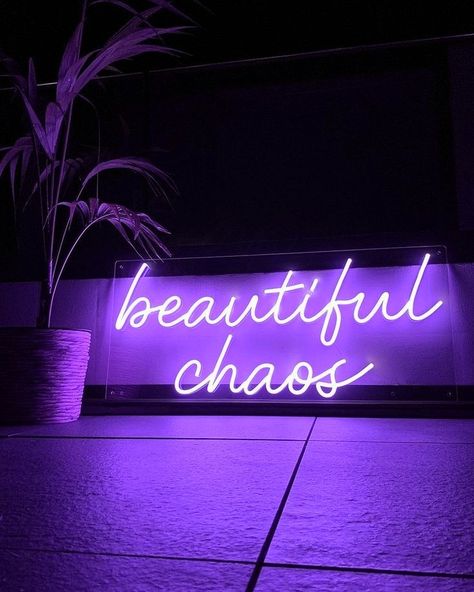 Purple aesthetic neon sign "beautiful chaos" on a wall Neon Signs Purple, 2024 Purple Aesthetic, Purple Chaos Aesthetic, Beautiful Chaos Aesthetic, Purple Aesthetic Neon Signs, Quotes Aesthetic Neon, Kiran Core, Purple Esthetics, Purple Neon Aesthetic Wallpaper