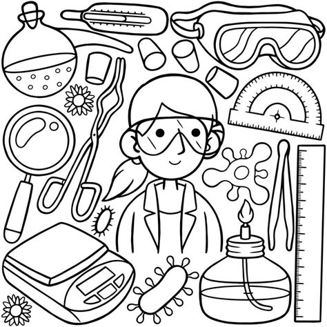 a line art drawing of a scientist with various items including a science equipment. Scientist Drawing, Woman Scientist, Graphic Advertisement, Doodle Line Art, Kawaii Doodle, Science Equipment, Women Scientists, Things To Print, Line Art Vector