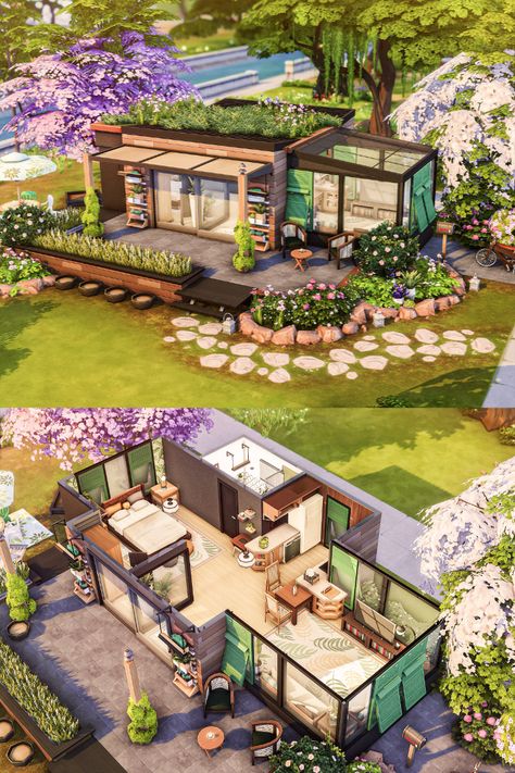 Lovely The Sims 4 house with a tiny blossom garden. It's an excellent, quiet, and eco-friendly escape for two Sims. The house is playtested. No CC used. #ShowUsYourBuilds #thesims4 #sims4 #sims4game #ts4house #ts4nocc #tsr #sims4home #ts4mm #simshousedesign #floorplan #maxismatch #floorplanssims4 @lhonna_sims Cool Sims 4 Houses Floor Plans, Sims4 Small House Plans, Landscape Ideas Sims 4, Sims Outside House, Sims4 Tiny House Floor Plan, Sims 4 Guest House, Garden House Sims 4, The Sims Tiny House Ideas, Sims 4 Tiny House Community