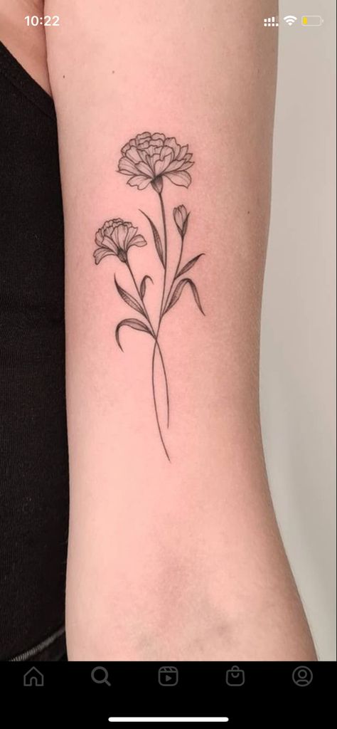 Cute Marigold Tattoo, Marigold And Snowdrop Tattoo, Birth Flower Tattoos Carnation, Carnation Flower Stencil, Marigold Fineline Tattoo, Carnation Chrysanthemum Tattoo, Carnation Line Art Tattoo, Small Carnation Flower Tattoo, Fineline Marigold Tattoo