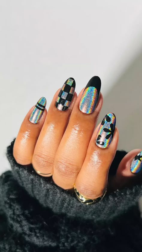 Holographic Nails Design, Chrome Nails With Design, Holographic Nail Designs, Chrome Nail Designs, Disco Nails, Rave Nails, Concert Nails, Checkered Nails, Holo Nails