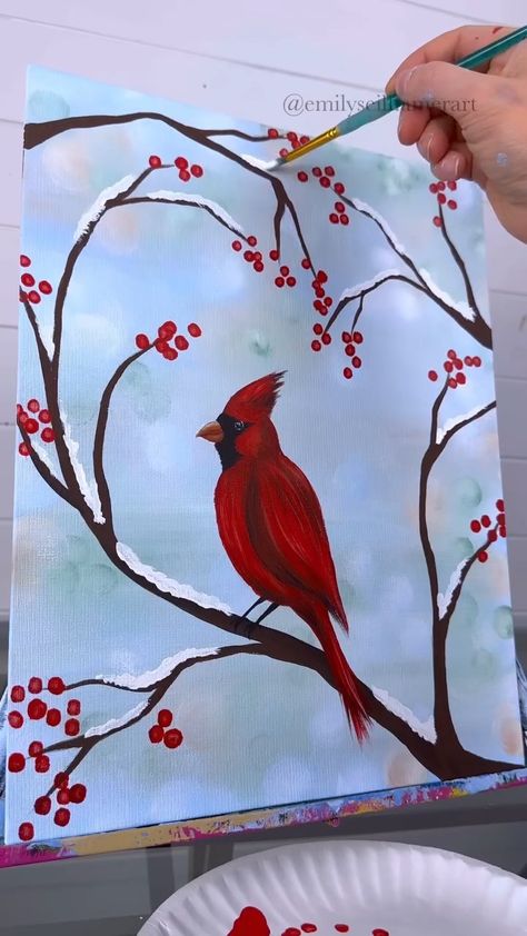 Emily Seilhamer | Winter cardinal painting idea 🎨❤️ #beginner #tutorial #easypainting #acrylicpainting | Instagram Cardinal Painting Easy, Winter Cardinal Painting, Paint Waves, Snowman Diy, Art Reels, Cardinal Painting, Door Painting, Sock Snowman, Winter Cardinal