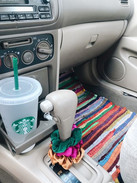 Easy way to decorate your car! Scrunchies, a cute reusable cup (that you’ll actually use, and $3 floor mats from Ollie�’s!!! Ways To Make Your Car Look Cute, Vsco Car Interior, Cowprint Car Accessories, Car Floor Mats Diy, Car Floor Mats Cute, Aesthetic Car Floor Mats, Car Decorations Interior Boho, Vsco Car Decor, Used Car Aesthetic