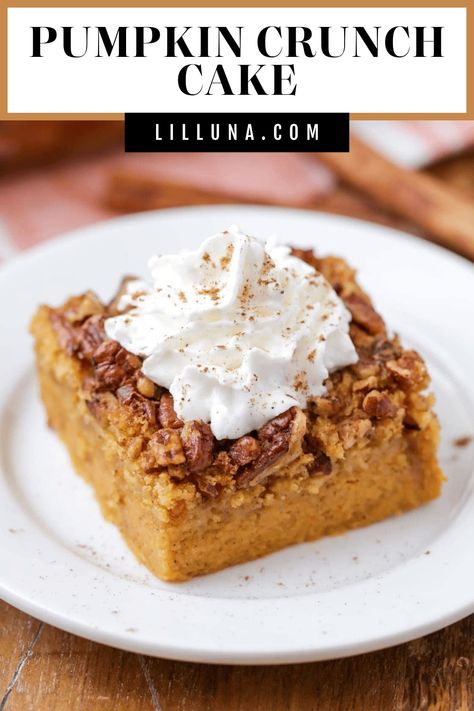 With smooth pumpkin flavors, crunchy pecans, and a dollop of whipped cream, this pumpkin crunch cake is a must-make during the fall season. #pumpkincrunchcake #pumpkinrecipes #pumpkincake #cake #dessert Pumpkin Crunch Cake Recipe, Pumpkin Crunch Recipe, Pumpkin Pie Crunch, Crunch Cake Recipe, Pumpkin Dump Cake Recipe, Pumpkin Crunch Cake, Pumpkin Crunch, Crunch Recipe, Dump Cake Pumpkin