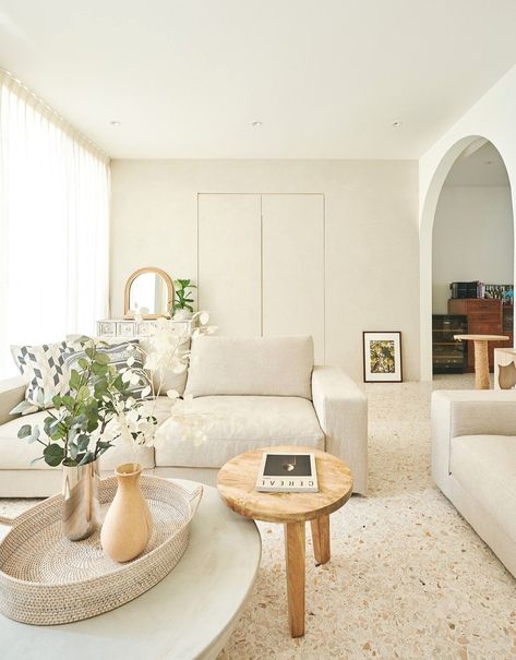 Carmen Terrace — EightyTwo Terrazzo Living Room, Terrazzo Flooring Living Room, Terrazo Flooring, Beige Terrazzo, Terrazzo Floor, Japanese Designs, Japandi Interiors, Earthy Colours, Terrazzo Flooring