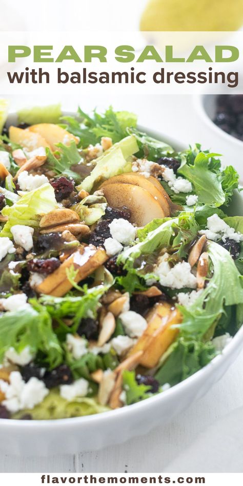 Pear Salad with Balsamic Dressing is crisp, flavorful and is great for any occasion! It's a great way to celebrate pear season and it comes together in minutes! #pearsalad #saladrecipes #glutenfree Lettuce Pear Salad Recipes, Romaine Pear Salad Recipes, Salads With Pears And Pecans, Vertical Pear Salad, Salads With Fruits And Vegetables, Caramelized Pear Salad, Pear Feta Salad Recipes, Cranberry Pear Balsamic Vinegar Recipe, Pear Lettuce Salad