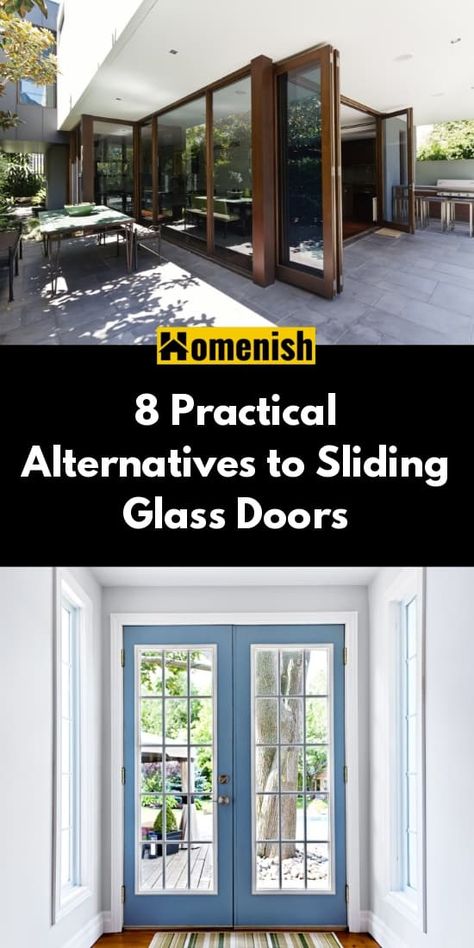 Sliding glass doors are a great way to open up your patio or balcony to the outside – and the sunlight- without having to give up any floor space. But there are also some downsides to these doors that can prompt homeowners to look for alternatives. Backdoor Sliding Door Ideas, Patio Doors That Open All The Way, Change Sliding Glass Door To French Doors, Sliding Door Porch Ideas, Door To Deck In Kitchen, Alternative To Sliding Patio Doors, Sliding Doors To Backyard, French Door Alternatives, Sliding Glass Door Ideas Patio