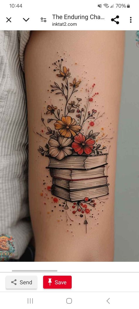 Witches Garden Tattoo, Floral Book Sleeve Tattoo, Books And Nature Tattoo, Writer Tattoos For Women, Autumnal Tattoo Ideas, Book And Beach Tattoo, Fall Themed Tattoos For Women, Sister Book Tattoos, Garden Themed Tattoos