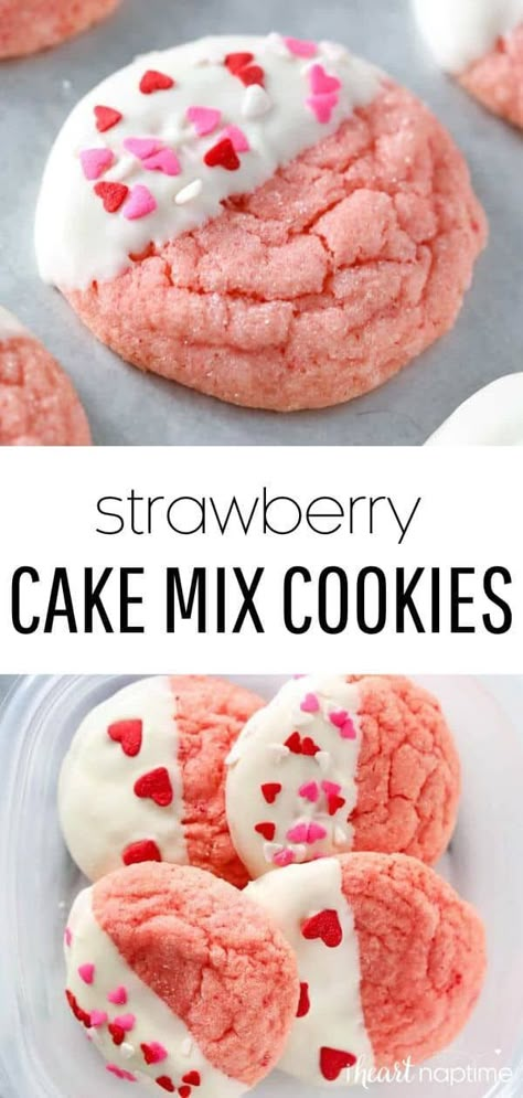 Strawberry Cake Mix Cookies, Valentine Dessert, Valentines Recipes Desserts, Valentines Snacks, Valentines Baking, Strawberry Cake Mix, I Heart Naptime, Strawberry Cookies, Valentine Desserts