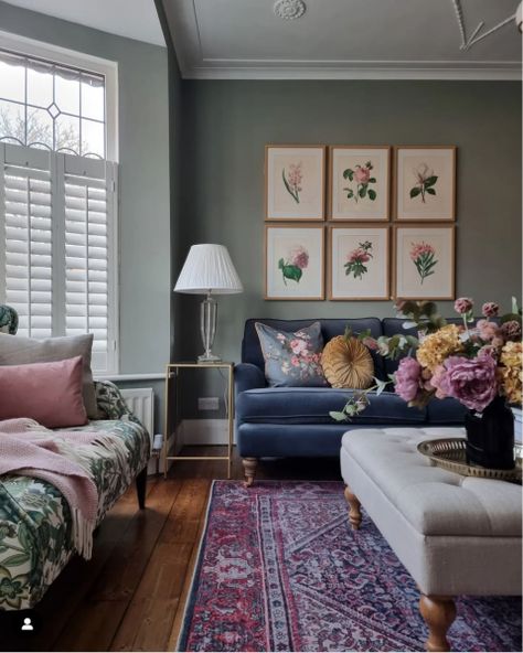 Navy sofa, light sage walls | Mumsnet Navy Blue And Light Green Living Room, Navy Sofa Lounge Ideas, Pink And Blue Sofa Living Room, Green Blue And Pink Living Room, Mauve And Blue Living Room, Blue Sofa Green Walls Living Rooms, Duck Egg Blue Sofa Living Room Ideas, Navy Sage Living Room, Green Walls Blue Sofa