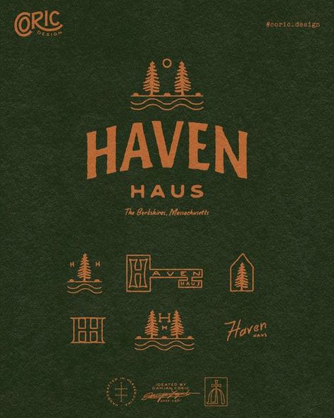 Damjan I Brand Identity on Instagram: "🏠 Logo design for a rental property in The Berkshires managed by Stay at Our Haus. The client, Andrew, envisioned a classic, masculine logo that will attract people looking for a vacation spot in nature where they can enjoy ample outdoor activities and farm-to-table food. 🌲 I created an organic, earthy design that features two pine trees, the sun, and a stream that flows near the residence. The overall style is vintage, but clean and professional, with hand-drawn type that amplifies the welcoming, warm feel. The primary color palette consists of pine green and muted orange to instantly communicate that Haven Haus is located near the forest, surrounded by breathtaking mountain scenery. 🚀 Once the master logo was finalized, we expanded the concep Mountain Modern Design, Landscape Branding Design, Vintage Branding Design Logo, Rugged Logo Design, Outdoor Company Branding, Cabin Logo Design, Rustic Design Graphic, Outdoor Brand Design, Outdoor Brand Logo