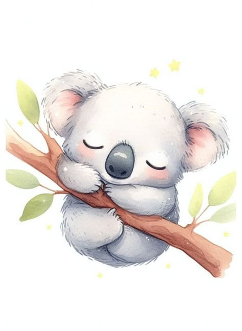 Cute Koala Painting, Bear Wall Painting, Koala Watercolor Painting, Nursery Drawing Ideas, Children Room Wall Painting, Koala Painting, Koala Illustration, Koala Art, Book Wall Art