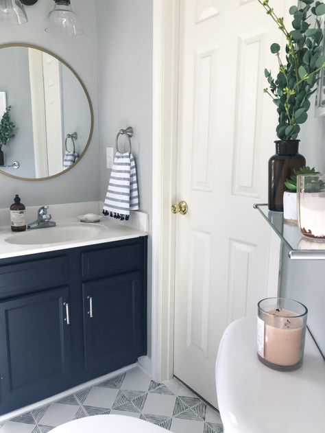 Painted Vanity Ideas, Navy Bathroom Vanity, Navy Vanity, Bathroom Remodel Plans, Painted Vanity Bathroom, Grey And White Bathroom, Navy Blue Bathrooms, Guest Bathroom Renovation, Navy Bathroom