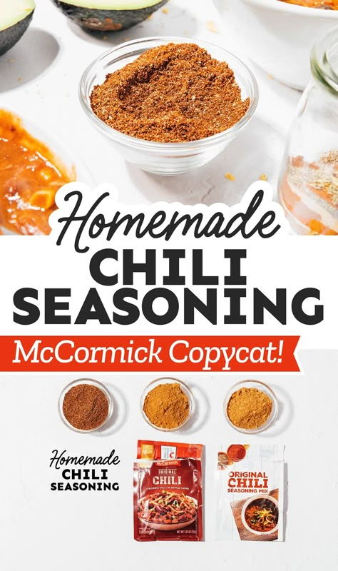 Making chili but don't have that seasoning packet? Or would you rather just simply know everything that's going into your chili seasoning mix? This homemade chili seasoning mix is a deconstructed, copycat version of McCormick's Chili Seasoning! The recipe replaces exactly 1 store bought seasoning packet, making measurement easy for your next homemade chili! Mccormick Chili Recipe Seasoning Mixes, Mccormick Mild Chili Seasoning Recipe, Chili-o Seasoning Recipe, Chili Seasoning Mix Recipe Diy, Homemade Chili Seasoning Easy, Chili Seasoning Recipe Homemade, Homemade Chili Mix Recipe, Make Your Own Chili Seasoning, Mccormick's Chili Seasoning