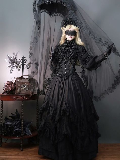 Victorian Widow Aesthetic, Victorian Black Dress, Widow Outfit, Victorian Demon, Widow Dress, Babydoll Goth, Dark Cosplay, Gothic Victorian Dresses, Masquerade Outfit