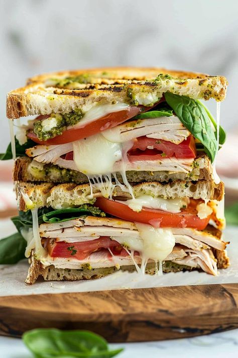 Chicken Spinach Sandwich, Turkey Pesto Mozzarella Sandwich, Pesto Melt Sandwich, Sliced Turkey Sandwich Recipes, Panini Recipes Turkey, Pesto Salami Sandwich, Costco Turkey Provolone Sandwich, Roasted Turkey Sandwich, Turkey Provolone Sandwich