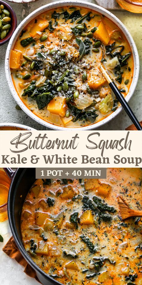 Butternut Squash, Kale and White Bean Soup - Dishing Out Health #HeartyWinterWarmerSoups Kale And White Bean Soup, Kale And White Bean, Butternut Squash Kale, White Bean Soup, Soup Season, Soup And Stew, Dinner Healthy, Easy Soups, White Bean