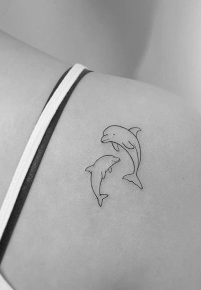 Tiny Dolphin Tattoos For Women, Small Dolphin Tattoo Ideas, Cool Dolphin Tattoo, Dolfin Tattoo Minimalist, Minimal Dolphin Tattoo, Dainty Dolphin Tattoo, Two Dolphins Tattoo, 2 Dolphin Tattoo, Dolphin Line Tattoo