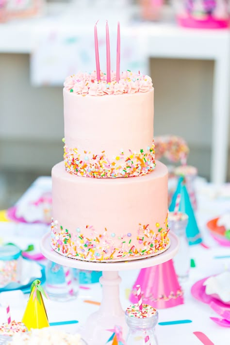 Sprinkle Themed Birthday Party Two Sweet Party Food Ideas, Funfetti Birthday Party, Three Is So Sweet Birthday Party, Two Sweet Cake Table, 3rd Birthday Sprinkle Party, Candy Party Cake, One Is Fun Birthday Party Girl, Funfetti Themed Birthday Party, Fourever Sweet Birthday Cake