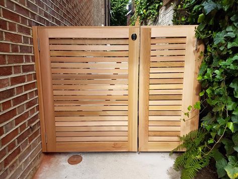 Cedar Gates And Fences, Modern Garden Gate Design, Wide Gate Ideas, Double Garden Gates Ideas, Garden Double Gates, Modern Fence Gate Ideas, Double Garden Gates Wooden, Double Garden Gate, Cedar Gate Ideas