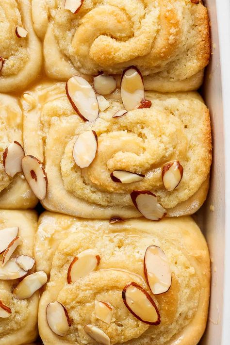 Almond Croissant Cinnamon Rolls - Fit Foodie Finds Apricot Cinnamon Rolls, Breakfast Meal Train Ideas, Almond Croissant Rolls, Homemade Almond Croissants, Almond Crescent Rolls, Unique Cinnamon Rolls Homemade, Almond Sweet Rolls, Almond Crossiant Recipes, Almond Baked Goods